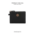 Minimalist black PU leather short wallet for women featuring a gold zip and heart badge - Black (6527-10)