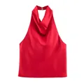 Elegante top a fascia in raso rosso con scollo a cappuccio drappeggiato da donna. - XS / Rosso