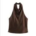 Elegante top a lupetto in raso marrone cioccolato con un raffinato design drappeggiato - XS / Marrone