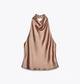 Elegante canotta in raso con scollo all'americana in sofisticato bronzo champagne - XS / Cammello