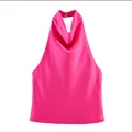 Top fucsia in raso allacciato al collo con elegante scollo drappeggiato e bottoni. - XS / Rosa Rossa