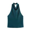 Elegante top senza maniche in raso di seta verde petrolio con scollo all'americana - XS / Verde Scuro