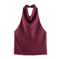 Elegante canotta bordeaux in raso di seta con scollo all'americana e scollo a cappuccio - XS / Borgogna