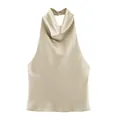 Elegante top a lupetto in raso champagne con raffinato scollo a cappuccio. - XS / Cachi