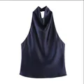 Canotta americana in raso blu navy con elegante scollo a cappuccio e finitura lucida - XS / Blu Notte