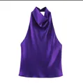 Elegante top a lupetto in raso viola senza schienale con finitura effetto seta per donne. - XS / Viola scuro