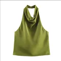 Elegante top all'americana in raso verde oliva con scollo a cappuccio drappeggiato - XS / Verde oliva