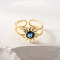 Anillo abierto de cobre chapado en oro con diseño de ojo turco de esmalte azul solar - Abierto Ajustable / Estilo de Rayos de Sol Dorados (12948)