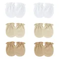 Six pairs of soft cotton anti-scratch mittens for newborn babies in neutral colors - One Size / 6 Pairs Set (Earth Tone Solid Colors) / Off-White / Apricot / Khaki