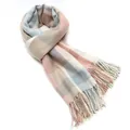 Soft cashmere-feel plaid scarf with long tassels in elegant pink and grey pastel tones - 200x60cm (Including Fringe) / Beige Blue Plaid (52#)