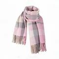 Elegant soft pink and grey plaid imitation cashmere shawl with fringe tassels for winter - 200x60cm / Cherry Blossom Grey Pink (54#)
