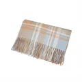 Soft plaid cashmere-like shawl scarf with elegant tassels in beige and blue hues for women. - 200x60cm / Khaki Light Blue Plaid (55#)