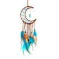 Handmade moon shape dream catcher with turquoise beads and vibrant blue feathers - Moon DIY Kit - 15cm Diameter