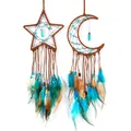 Moon and star dreamcatchers with turquoise beads and blue feathers for wall decor. - Star and Moon DIY Kit 2-Piece Set