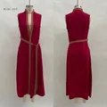 Wine red sleeveless casual dress with contrast brown trim shown in front and back - S / Burgundy