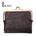 Vintage black faux leather clasp coin purse for women with elegant gold metal frame - Black