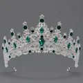 Vintage silver bridal tiara crown featuring emerald green rhinestones for princess wedding hair - Silver Green Stone