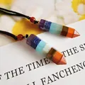 Natural stone hexagonal prism necklace with colorful crystal pendant and black cord string - Colorful