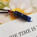 Hand-woven black cord necklace featuring a blue natural stone hexagonal crystal pendant - Blue Sodalite