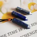 Natural blue lapis lazuli hexagonal pillar crystal pendant necklace with black woven cord. - Lapis Lazuli