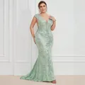 Elegant silver sequin V-neck sleeveless mermaid evening gown for formal gala events. - 1XL / Mint Green