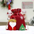 Medium red burlap Christmas drawstring gift bag with Santa and tree decor (27x22cm) - Medium Christmas Linen Gift Bag Santa