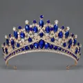 Luxuriöse königsblaue Strass-Krone Tiara mit Goldbeschichtung für Hochzeiten - Blue Diamond Luxus-königinnenkrone Ts-j3119gblue