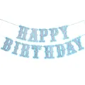 Ασημένιο γκλίτερ πανό Happy Birthday με γαλάζιο περίγραμμα για διακόσμηση πάρτι - Γενέθλια Ανοιχτό Μπλε