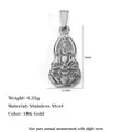Stainless steel Guanyin Buddha pendant with 18K gold plating and measurements shown - FG05-Sitting Buddha / Steel