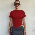 Stylish slim fit dark red short sleeve T-shirt with unique asymmetric V-hem design. - Red