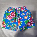 Men's summer beach shorts featuring a vibrant traditional blue floral and phoenix print - 3XL / Bottoms / Blue Peony Print (K06 Blue)