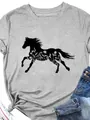 T-shirt grigia casual da donna con stampa silhouette cavallo e fiori selvatici. - S / Grigio