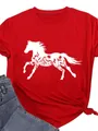 T-shirt rouge pour femme avec imprimé cheval à fleurs sauvages et col rond décontracté. - S / Rouge