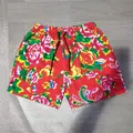 Detail view of men's summer beach shorts with vibrant traditional floral print - 3XL / Bottoms / Red Peony Print (K06 Red)