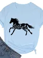 T-shirt da donna celeste a girocollo con stampa grafica di cavallo nero e fiori selvatici - S / Celeste