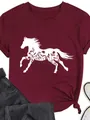 T-shirt bordeaux à manches courtes pour femmes, imprimé silhouette de cheval et fleurs - S / Bordeaux