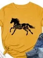 T-shirt femme jaune moutarde avec imprimé silhouette de cheval et fleurs. - S / Jaune Gingembre