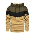 Detail view of a men's tri-color block hooded sweatshirt with fleece lining. - Army Green