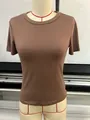 Fitted solid brown short sleeve T-shirt for women, stylish Y2K style casual summer top - S / Coffee