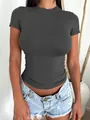 Detail view of a slim fit grey short sleeve T-shirt featuring a mock neck and ribbed fabric. - S / Dark Gray