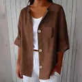 Chemisier vintage ample en coton et lin marron pour femme avec boutons en bois et poche - S / Hauts / Café (80#)