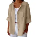 Vue détaillée d'une chemise ample en coton et lin kaki avec boutons en bois et poche - S / Hauts / Kaki (68#)