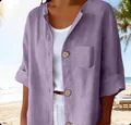 Camicia estiva retrò in lino a maniche corte con bottoni per donna colore viola - S / Viola