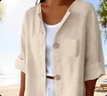 Camicia ampia in cotone e lino beige con bottoni in legno per la spiaggia estiva - S / Beige
