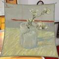 Close-up of Van Gogh's Almond Blossom oil painting print on a 90x90cm square silk scarf - Oil Painting Series #34