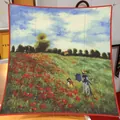 Detail view of 90x90cm twill satin scarf featuring Monet poppy field oil painting - Oil Painting Series #36