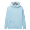 Front view of a light blue solid color fleece hoodie with a front kangaroo pocket - S / Tops / Light Blue