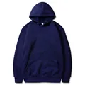Navy blue solid color fleece-lined hoodie with kangaroo pocket and European sizing - S / Tops / Navy Blue