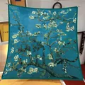 Detail view of the artistic Almond Blossom oil painting print on a square silk scarf - Oil Painting Series #52