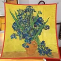 Close-up of silk scarf with Van Gogh's Irises painting, 90x90cm square artistic accessory. - Oil Painting Series #57